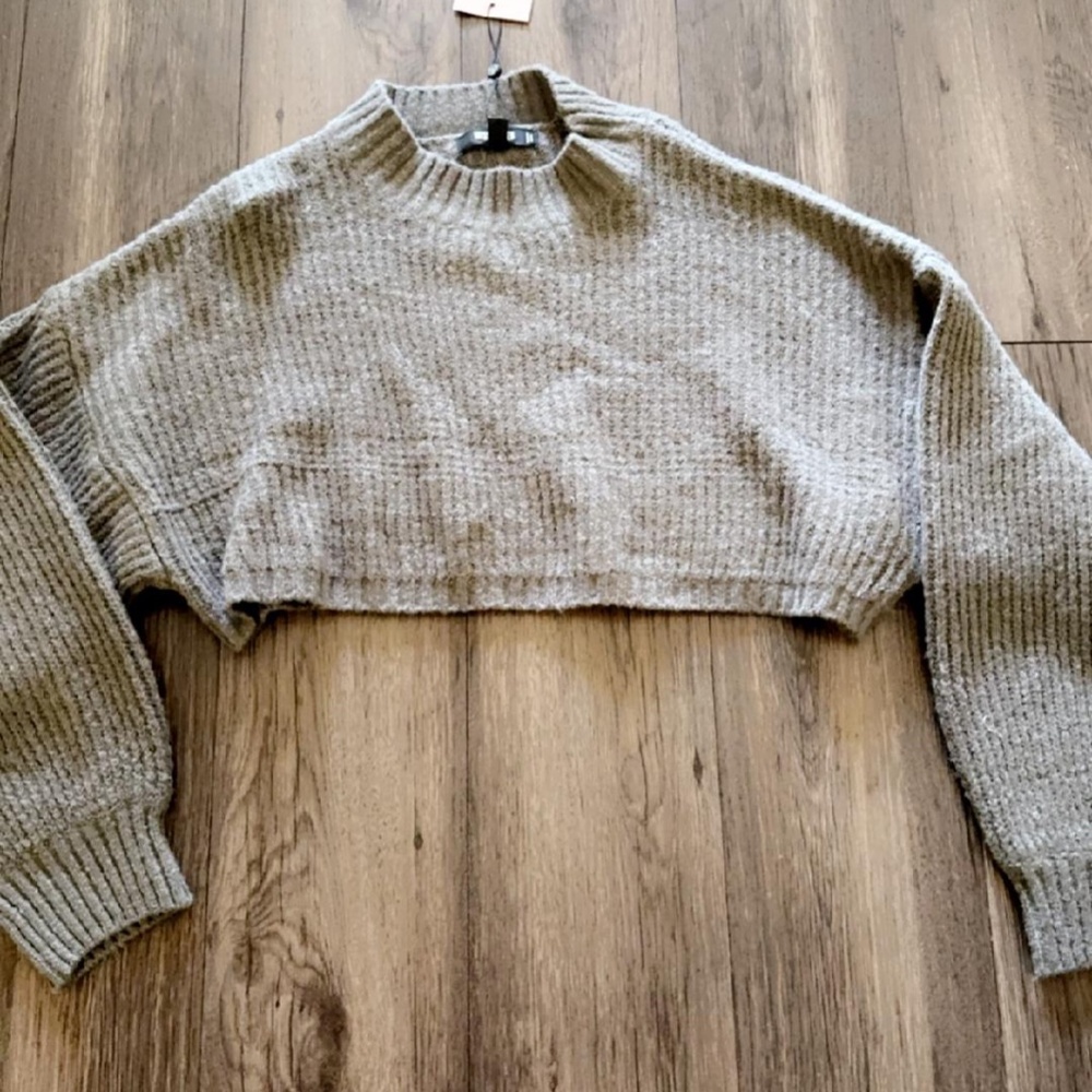 Petite Gray High Neck Balloon Sleeve Boyfriend Cropped Sweater, Size 6/8